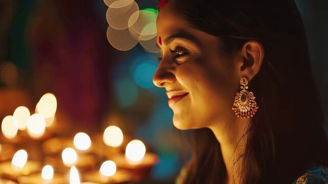 Radiant Devotion: A woman's profile is illuminated by the soft glow of ceremonial lamps, adorned with traditional jewelry, and a vibrant bindi. This image evokes a sense of peace and spirituality. 