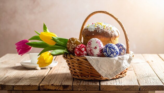Traditional Easter cake with white icing and pink tulips on light background. Ukrainian paska bread for spring holiday celebration.