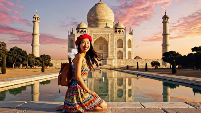 Happy Female Traveler Visiting Famous Global Landmarks Eiffel Tower Pyramids and Taj Mahal