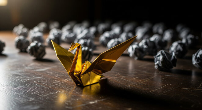 A glowing golden origami swan taking flight from a desk of crumpled dark paper balls, a beautiful metaphor for iteration, failure, and ultimate success.