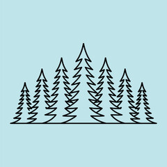 Fototapeta premium Line Art Pine Trees Forest Silhouette on Blue Background Stock Illustration
