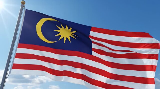 Malaysian Flag Waving Against Blue Sky - The Malaysian flag, also known as the Jalur Gemilang, is waving proudly against a vibrant blue sky.