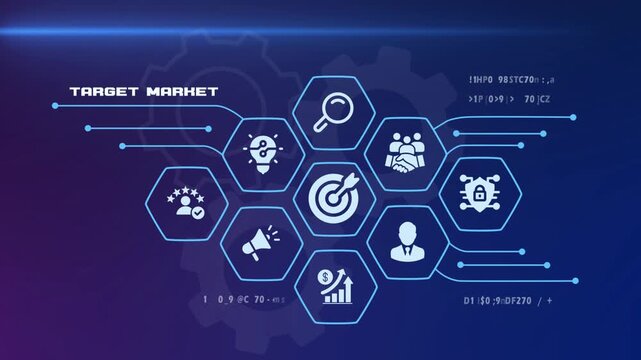 Strategic target market analysis and business development concept with digital demographic icons.
