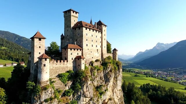 Majestic ancient fortress perched atop a rocky cliff in a verdant valley