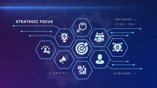 Sharpened strategic focus and business priority concept with glowing digital target and planning icons.