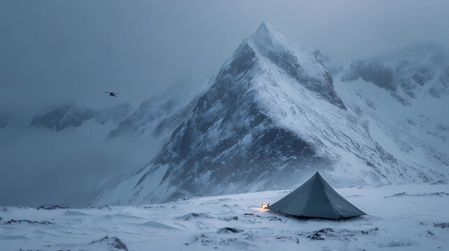 Drone pull back from a lone tent in snowy wilderness to a massive mountain range, Generative AI illustrations.