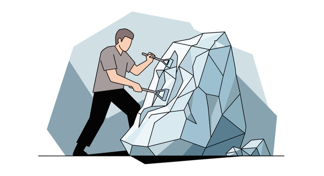 Man Carving Intricate Ice Sculpture with Artistic Tools.