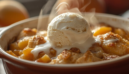 A warm and delicious peach cobbler with a scoop of vanilla ice cream melting on top