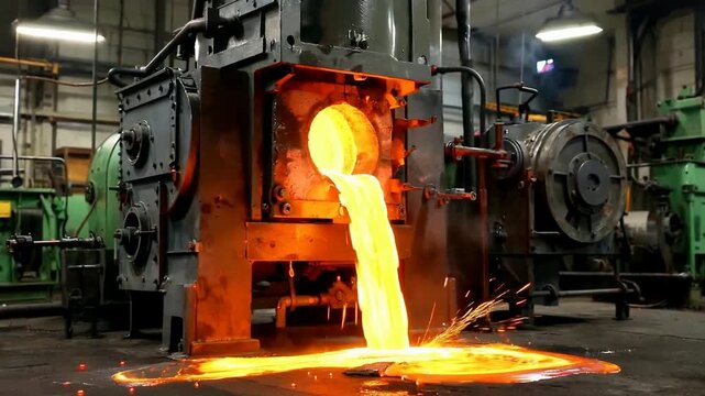 Molten Metal Pouring from Furnace in Factory.