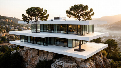 Fototapeta premium Incredible modern tiered architectural house design built into a rugged cliffside, glowing warmly at sunset against a dramatic natural mountain landscape setting.