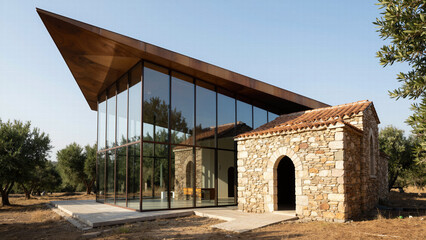 Fototapeta premium Unique contemporary architectural house exterior featuring an angular roof design blending seamlessly into a rocky natural landscape environment at twilight.