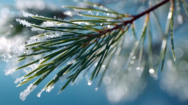 In front of a soft light blue backlit background, a single pine needle branch floats gently in mid-air. The slender green needles extend naturally, while parts of the needles are covered with delicate
