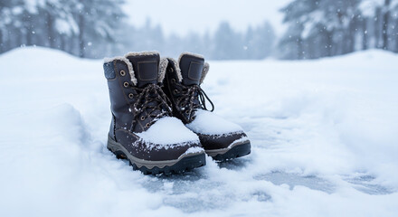 Warm Waterproof Winter Boots in Snowy Landscape for Cold Weather Activities.