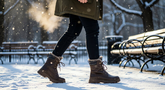 Person Walking in Snowy Park During Winter Season.