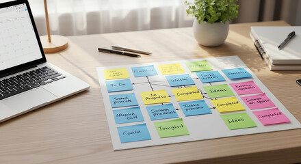 Naklejka premium Organized workspace with colorful sticky notes and laptop for planning and productivity.