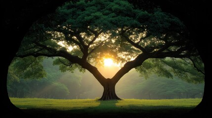 Fototapeta premium Majestic Tree Silhouette Against a Sunrise in a Serene Forest Landscape with Warm Sunlight and Lush Greenery