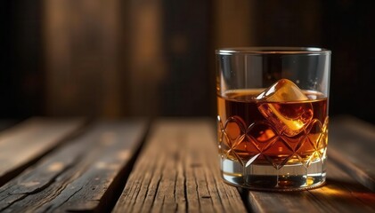 Rich bourbon in cut-glass, weathered barrel backdrop, spirit, classic
