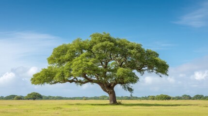 Majestic solitary tree in open field under clear blue sky with soft clouds, vibrant green leaves and lush grassland surroundings