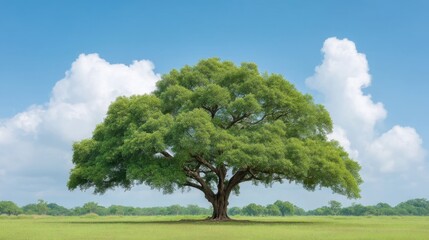 Obraz premium Majestic Green Tree in Open Field Against Clear Sky with Fluffy Clouds and Lush Grass Surroundings