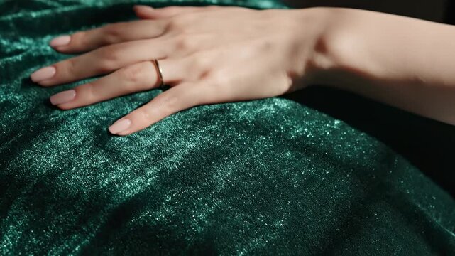 Woman's hand with ring on green fabric.