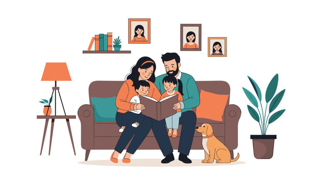 Happy family with two young children sitting on a living room sofa reading a large book together with their pet dog.