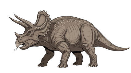 Fototapeta premium Massive triceratops dinosaur walks across a white background with realistic details and three sharp horns on its head.