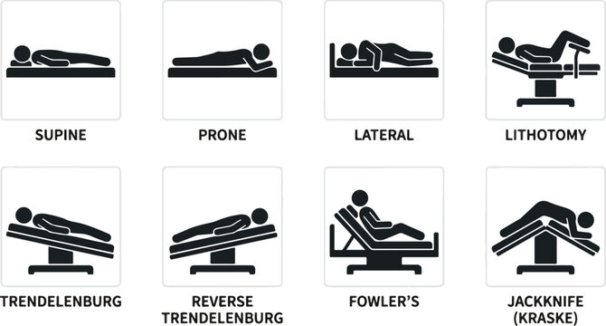  2026 Medical Patient Positioning Icon Set: Comprehensive Solid Black Silhouette Vector Collection for Hospital Surgery, Nursing Education, and Clinical Procedural Standards 