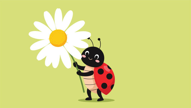 Sweet little ladybug with red wings and black spots stands holding a large white daisy flower on a green background.