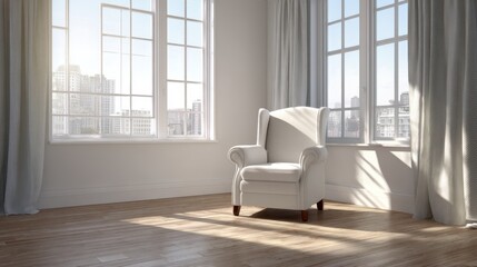 Fototapeta premium Bright and Airy Room with a Cozy White Armchair and Large Windows Offering a View of the City Skyline