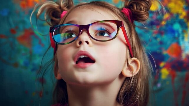 Curiosity Unveiled: A charming young girl with vibrant pigtails and stylish spectacles gazes upwards, her expression one of wonder and anticipation.