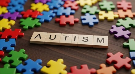 Obraz premium Autism Awareness Concept with Puzzle Pieces and Letter Blocks Showing Autism Support and Inclusion