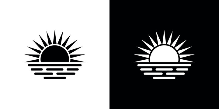 Black and white sun rising over the ocean with rays and water lines