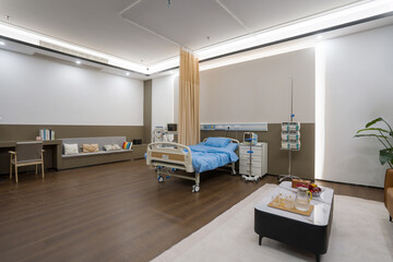 Modern hospital ward interior featuring a bed, sofa, decorative paintings, and medical equipment