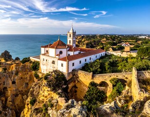 Obraz premium A scenic view of a historic white building with a red roof on a cliff