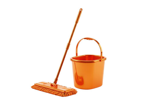 Orange mop and bucket set for cleaning isolated on transparent background