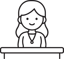 Obraz premium Hand Drawn Woman Sitting at Desk Black and White Avatar Illustration in Minimal Line Art Style Design