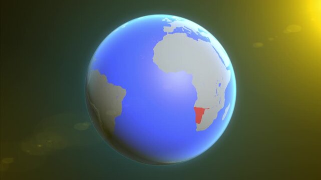 The animation shows a graphic representation of the earth and highlights the location and map of Namibia colored red.