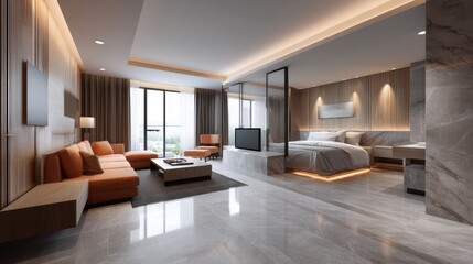 Fototapeta premium Modern Luxury Hotel Suite with Elegant Design, Spacious Layout, Natural Light, and Contemporary Furniture Elements