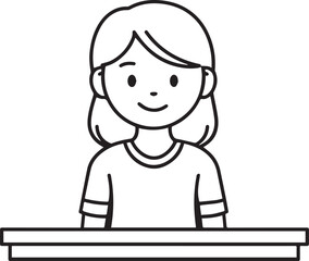 Obraz premium Hand Drawn Woman Sitting at Desk Black and White Avatar Illustration in Minimal Line Art Style Design