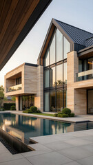 Fototapeta premium Luxurious modern A-frame residential home exterior featuring an expansive swimming pool and warm glowing interior lights during a beautiful tranquil twilight.
