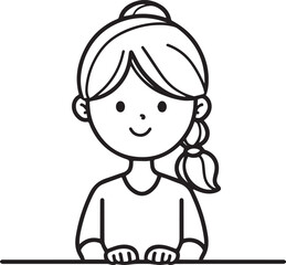Obraz premium Hand Drawn Woman Sitting at Desk Black and White Avatar Illustration in Minimal Line Art Style Design