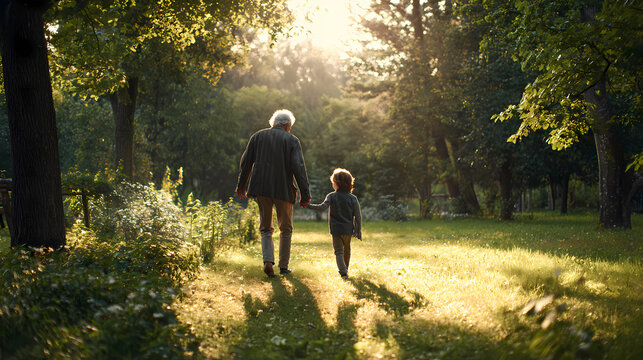 Grandparent and grandchild bonding through a walk in a sunny park with face hidden, Generative AI illustrations.