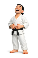 Naklejka premium Cheerful animated character in a karate uniform with a black belt.