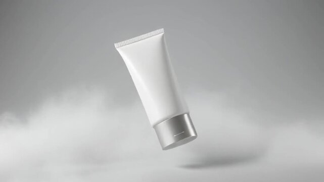 Listing a bright white cream tube floating above soft clouds in a clean studio scene