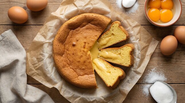 Overhead flat lay of P&atilde;o de L&oacute; de Ovar, a Portuguese sponge cake with a soft egg-rich center