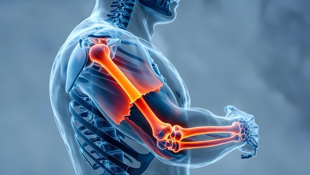 Bone fracture and musculoskeletal anatomy visualization. Orthopedic surgery and trauma care. Human body skeleton with a broken arm humerus bone highlighted in red