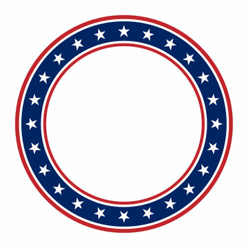 Patriotic round badge frame with stars in red white blue colors. Circle emblem border with copy space center. Perfect for election, independence day, labels, posters, and patriotic designs.