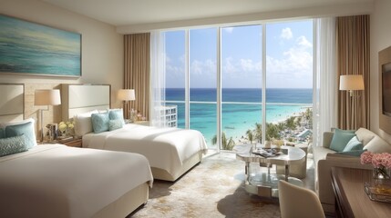 Fototapeta premium Ocean View Hotel Room with Two Beds and Modern Decor Overlooking Tropical Paradise