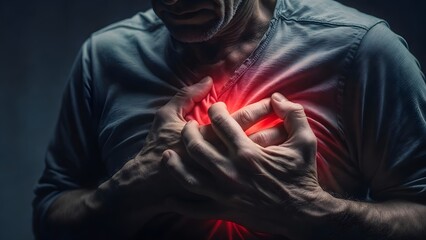 Man clutching chest with glowing red heart area. Cardiology and heart attack emergency. Sick patient holding chest while suffering from acute cardiac arrest or angina pain