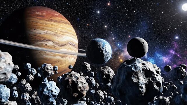 Asteroid Field in Deep Space - This video depicts a dense asteroid field with multiple planets visible in the background.